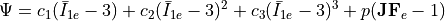 \Psi = {c_1} (\bar{I}_{1e} - 3) + {c_2}(\bar{I}_{1e} - 3)^2 + {c_3}(\bar{I}_{1e} - 3)^3 + p (\mathbf{JF}_e - 1)